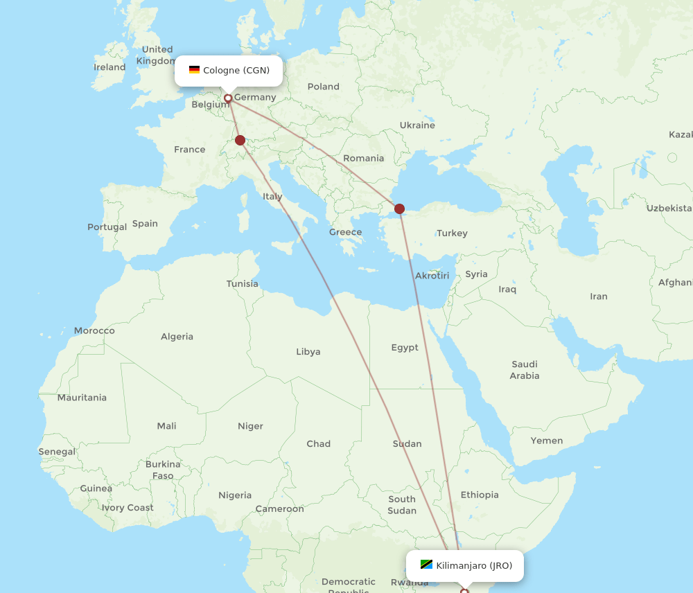 Kilimanjaro - Cologne route map and flight paths