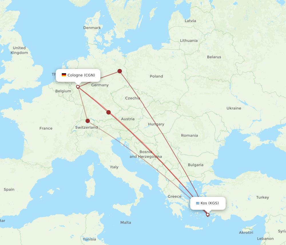 CGN to KGS flights and routes map