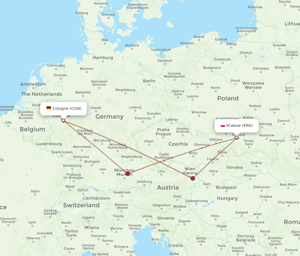 CGN to KRK flights and routes map