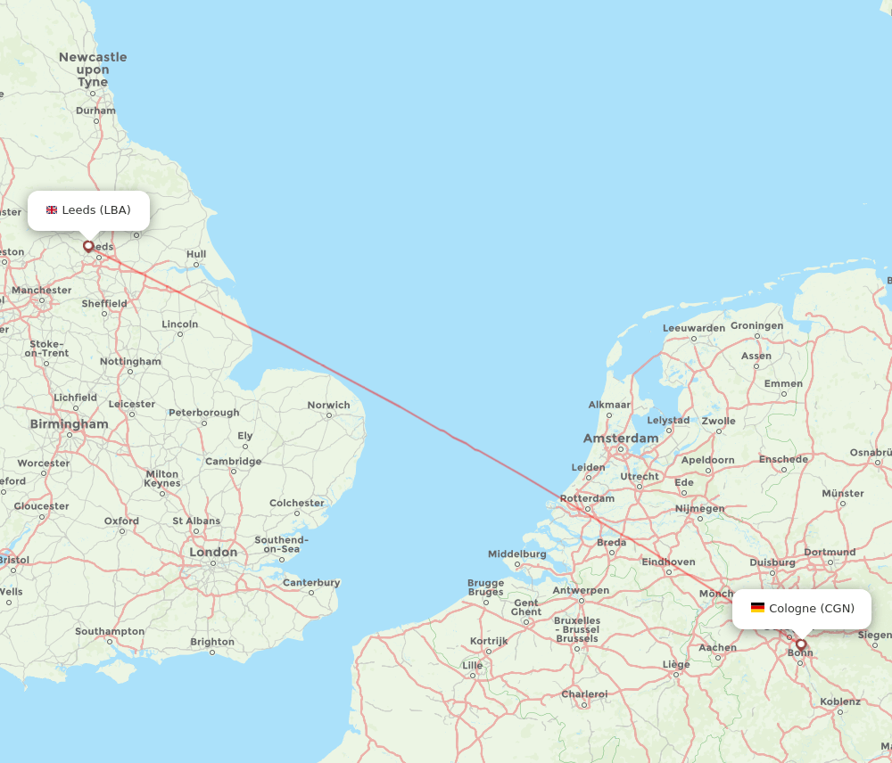 Cologne - Leeds route map and flight paths