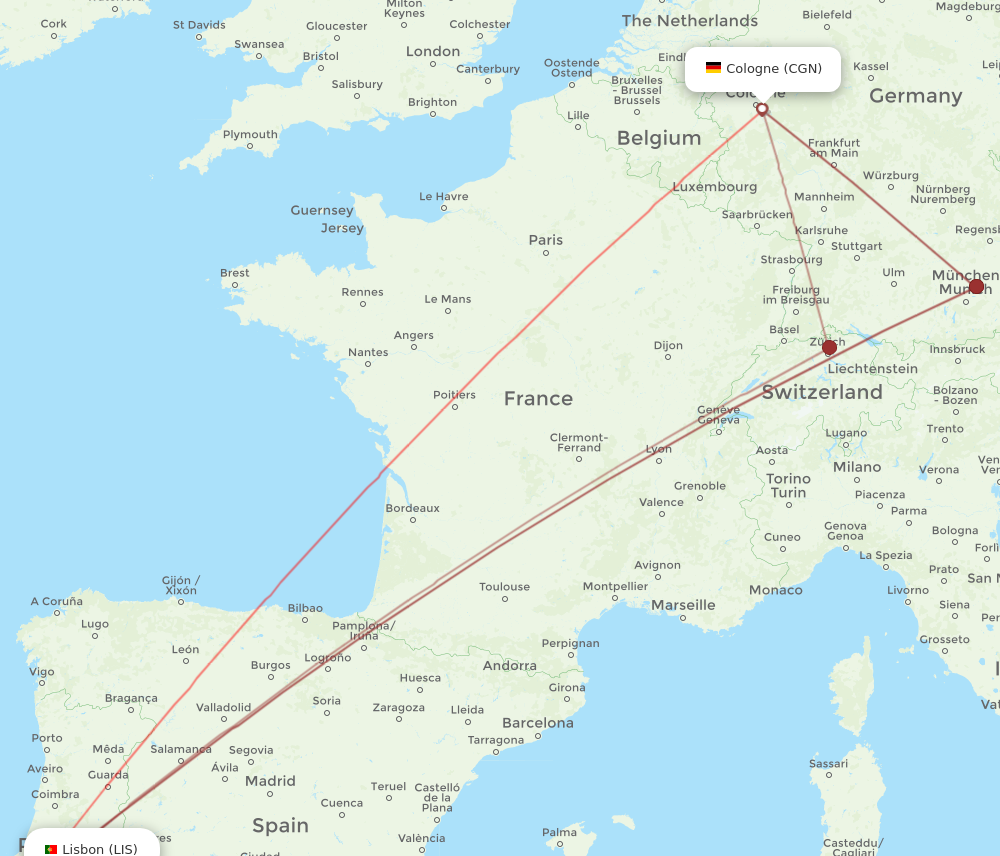 CGN to LIS flights and routes map