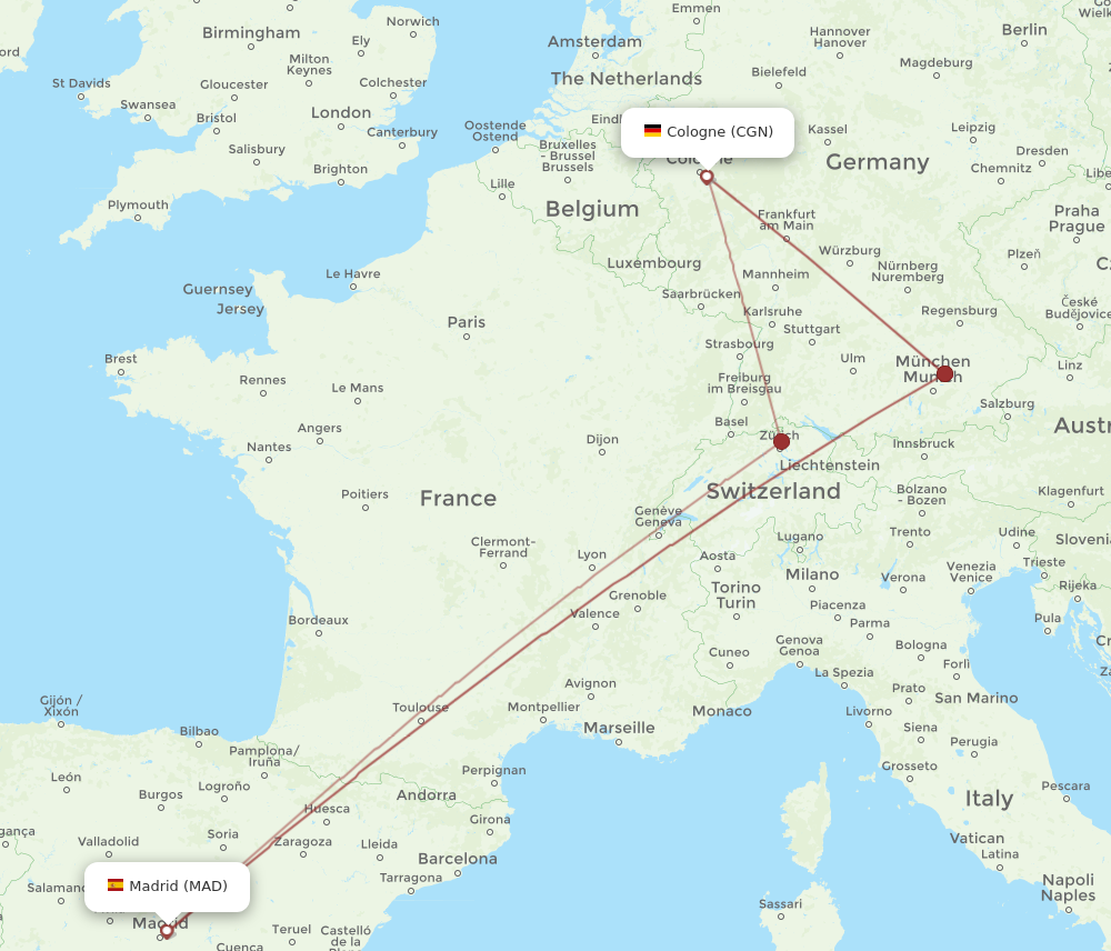 CGN to MAD flights and routes map