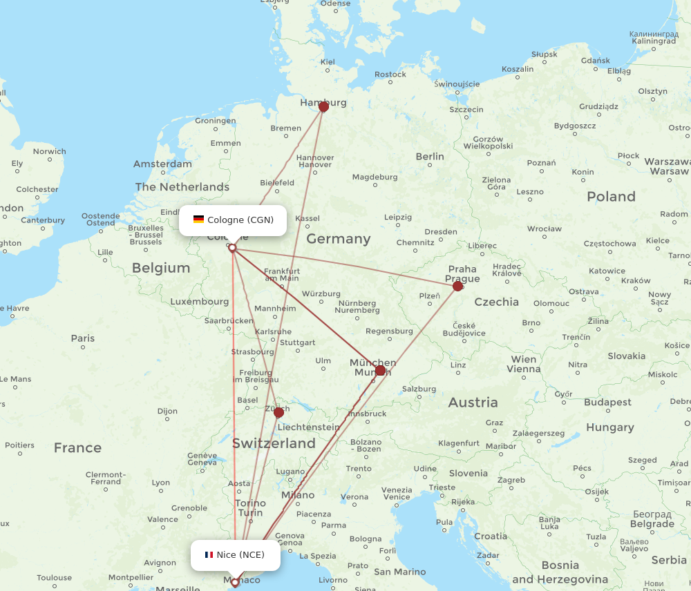 CGN to NCE flights and routes map