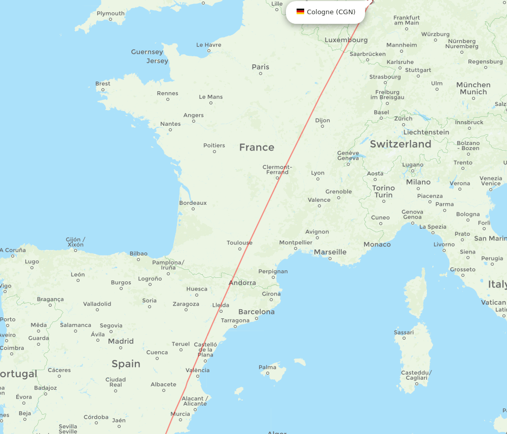 Cologne - Nador route map and flight paths