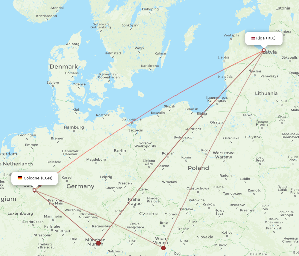 CGN to RIX flights and routes map