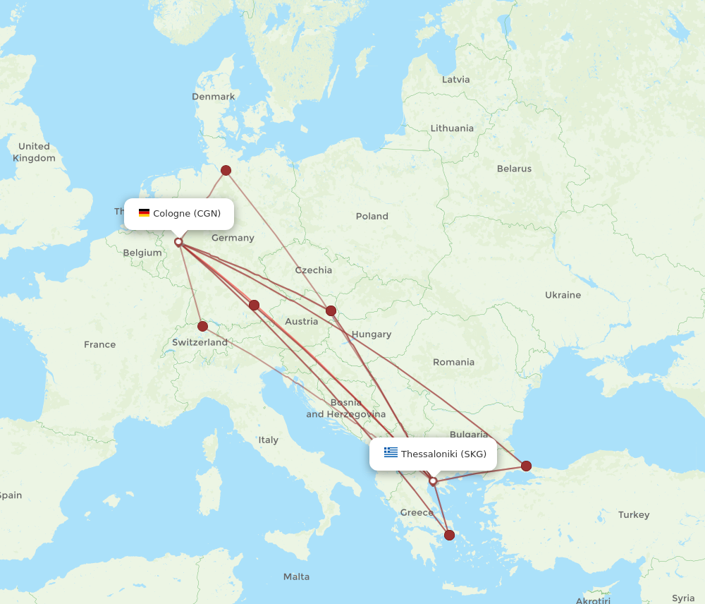 CGN to SKG flights and routes map