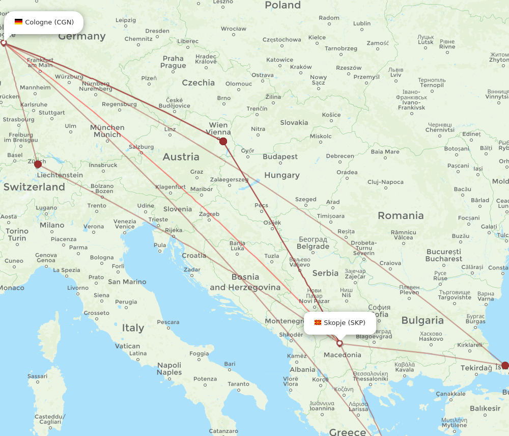 CGN to SKP flights and routes map