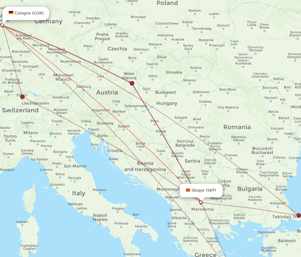 CGN to SKP flights and routes map