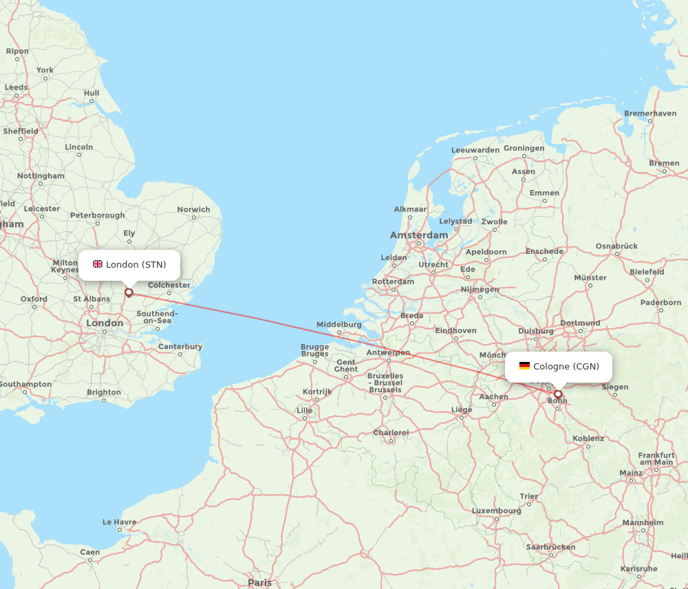 Cologne - London route map and flight paths