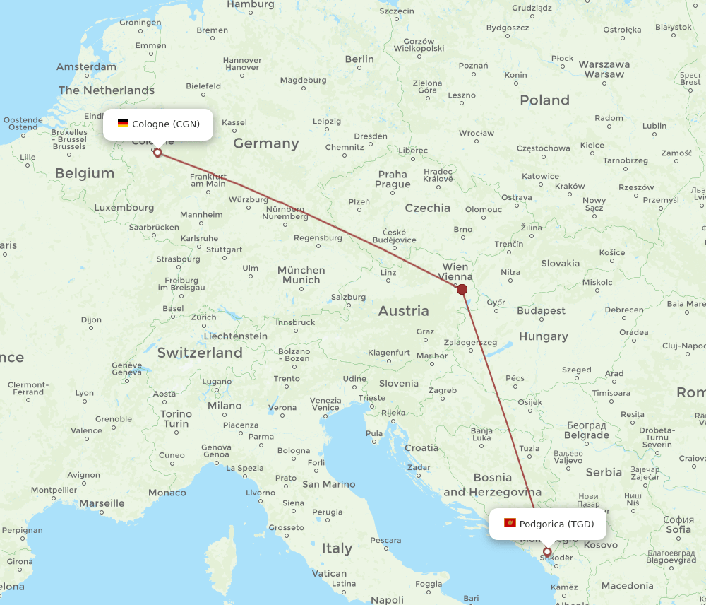 CGN-TGD flight routes