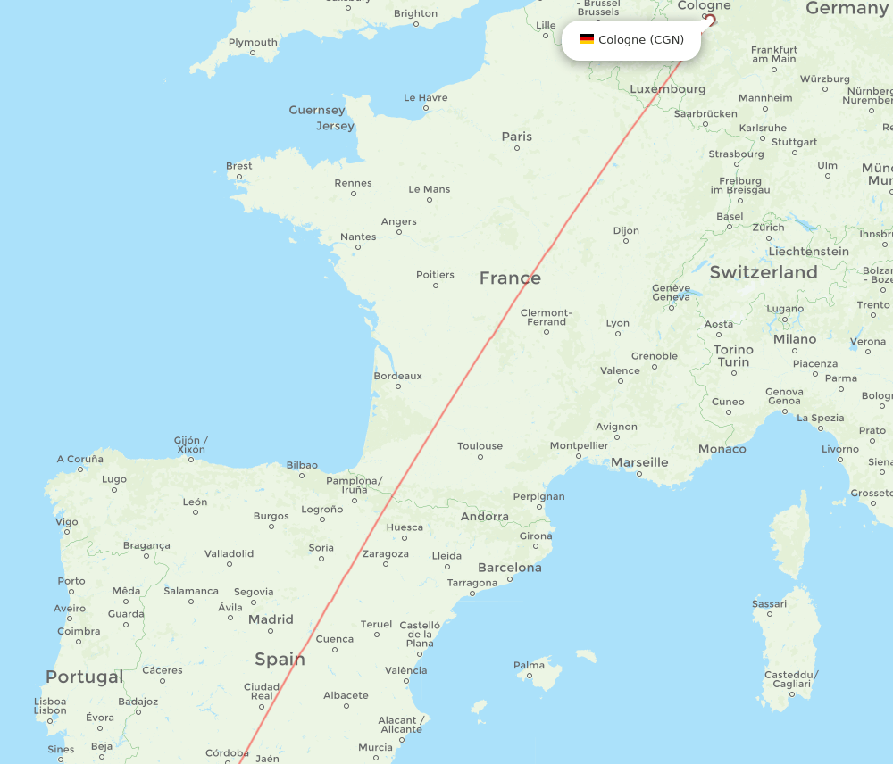 Cologne - Tangier route map and flight paths