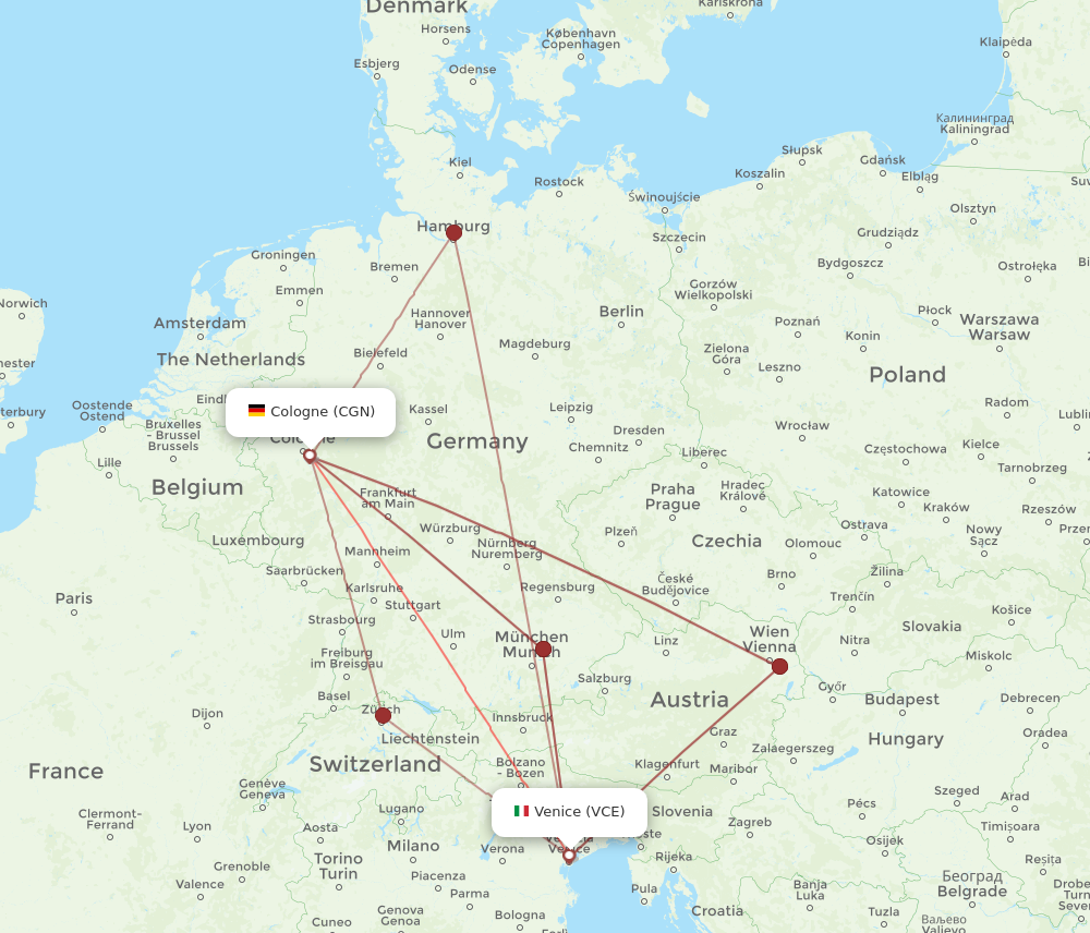 CGN to VCE flights and routes map