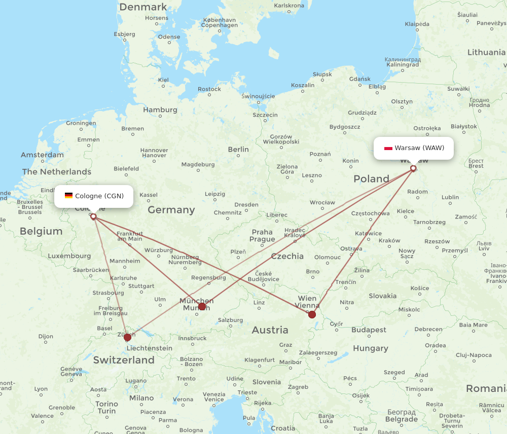 CGN to WAW flights and routes map