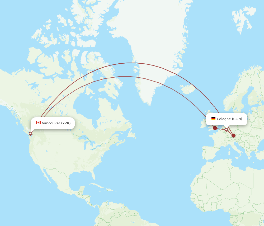 Vancouver - Cologne route map and flight paths