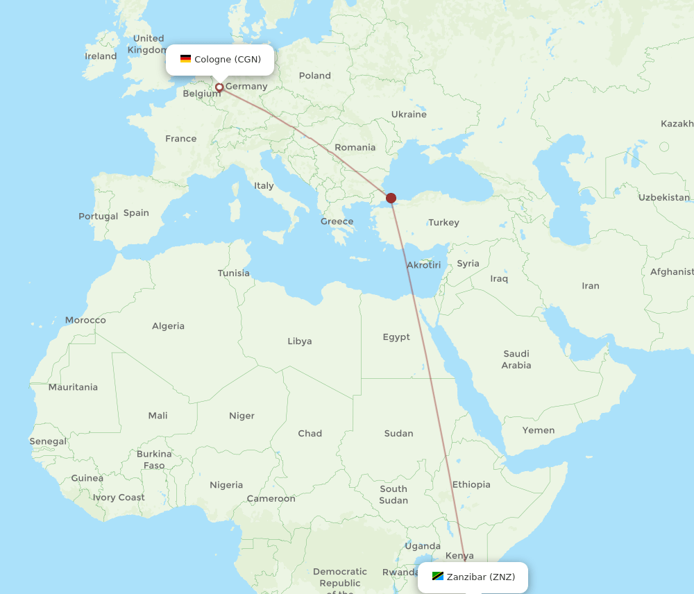 Zanzibar - Cologne route map and flight paths
