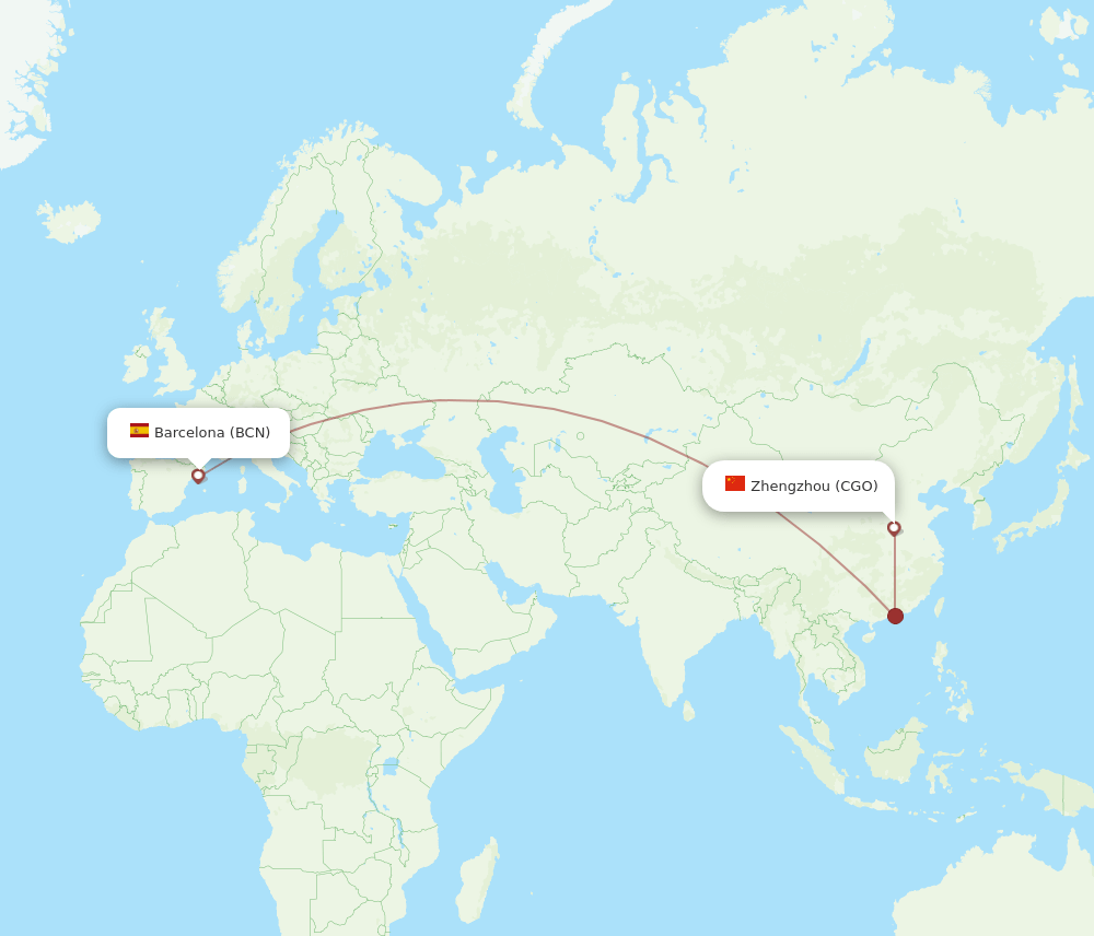 Barcelona - Zhengzhou route map and flight paths
