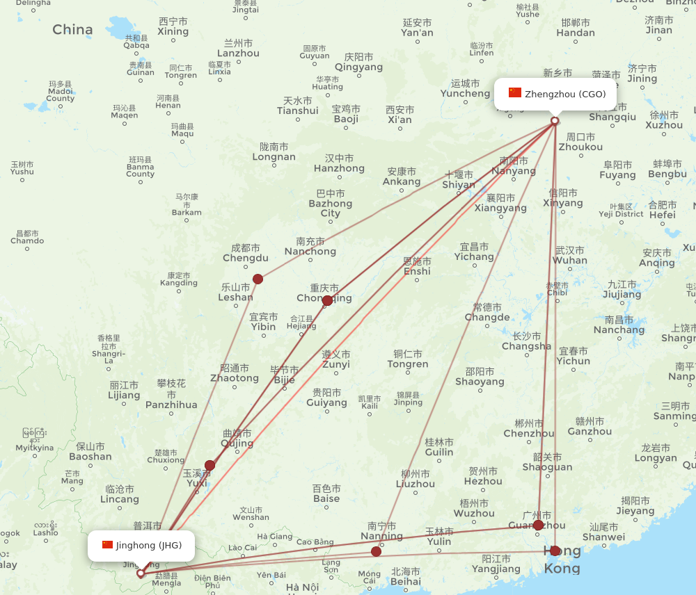 CGO to JHG flights and routes map