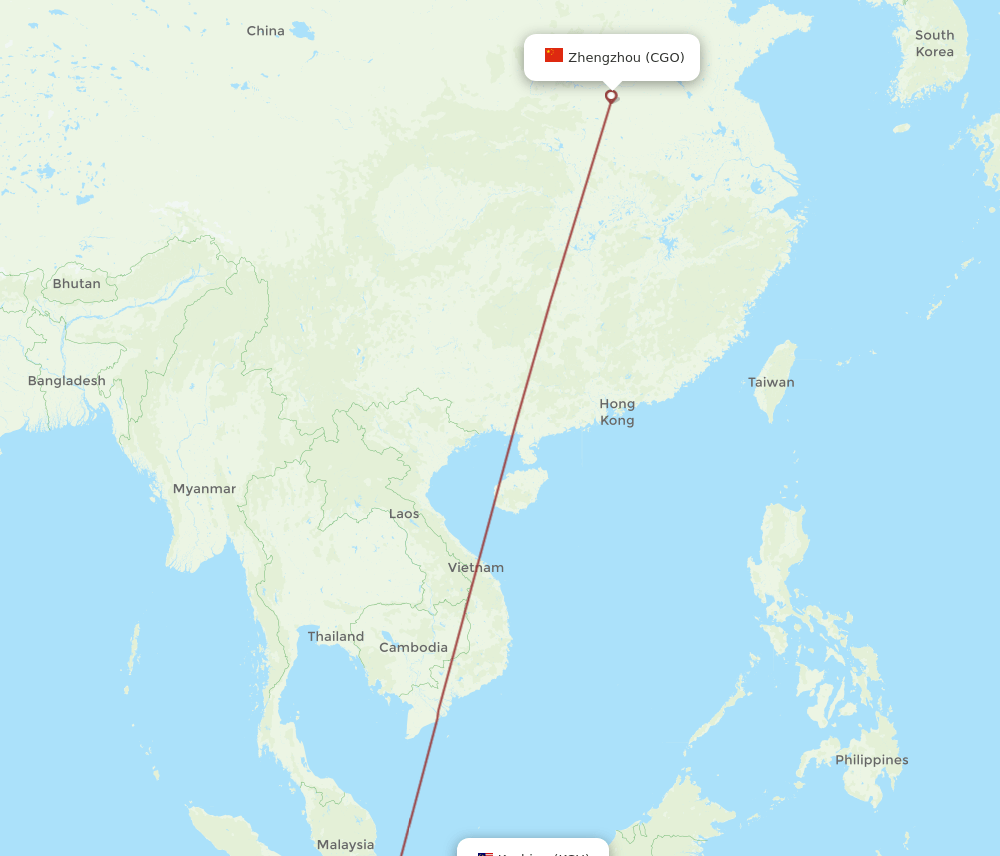 Kuching - Zhengzhou route map and flight paths