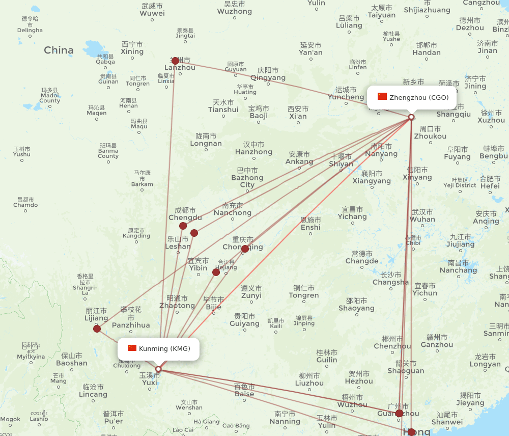 CGO to KMG flights and routes map