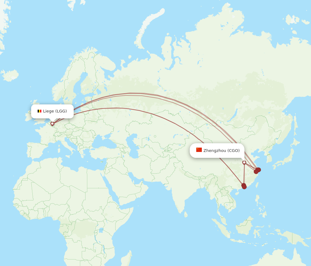 Zhengzhou - Liege route map and flight paths