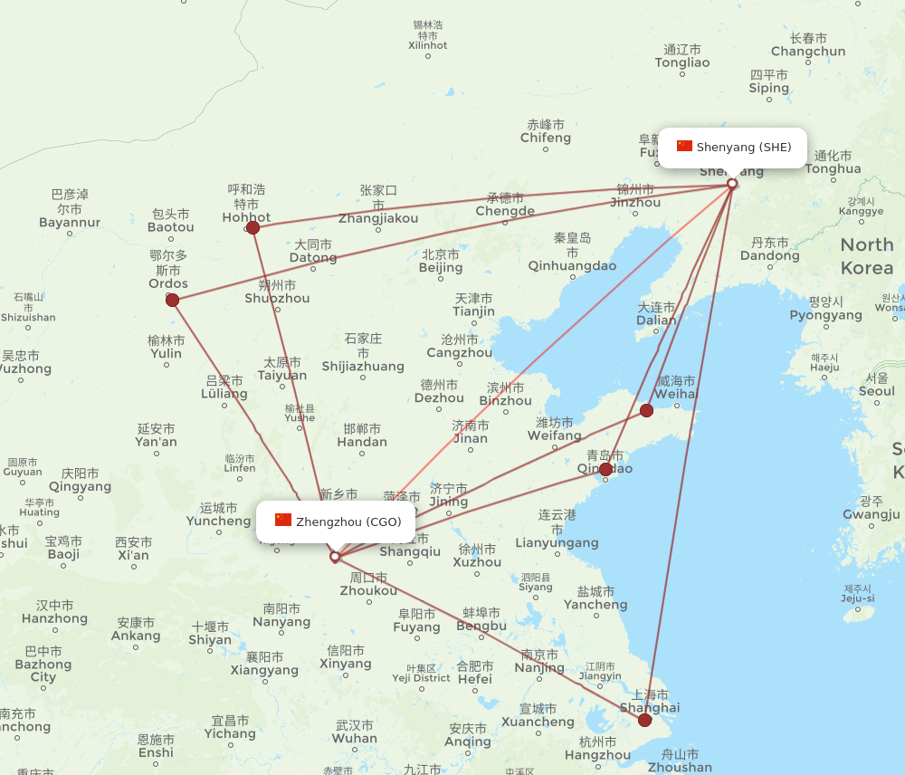 CGO to SHE flights and routes map