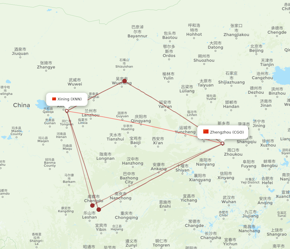 CGO to XNN flights and routes map