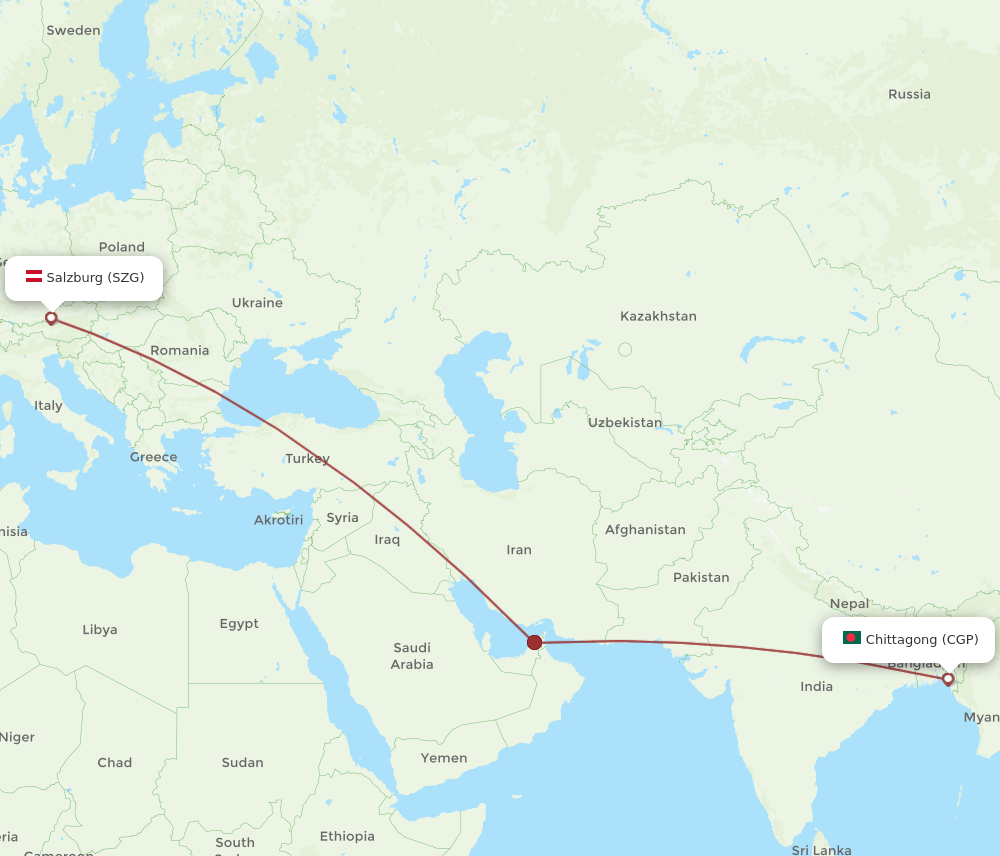 Salzburg - Chittagong route map and flight paths