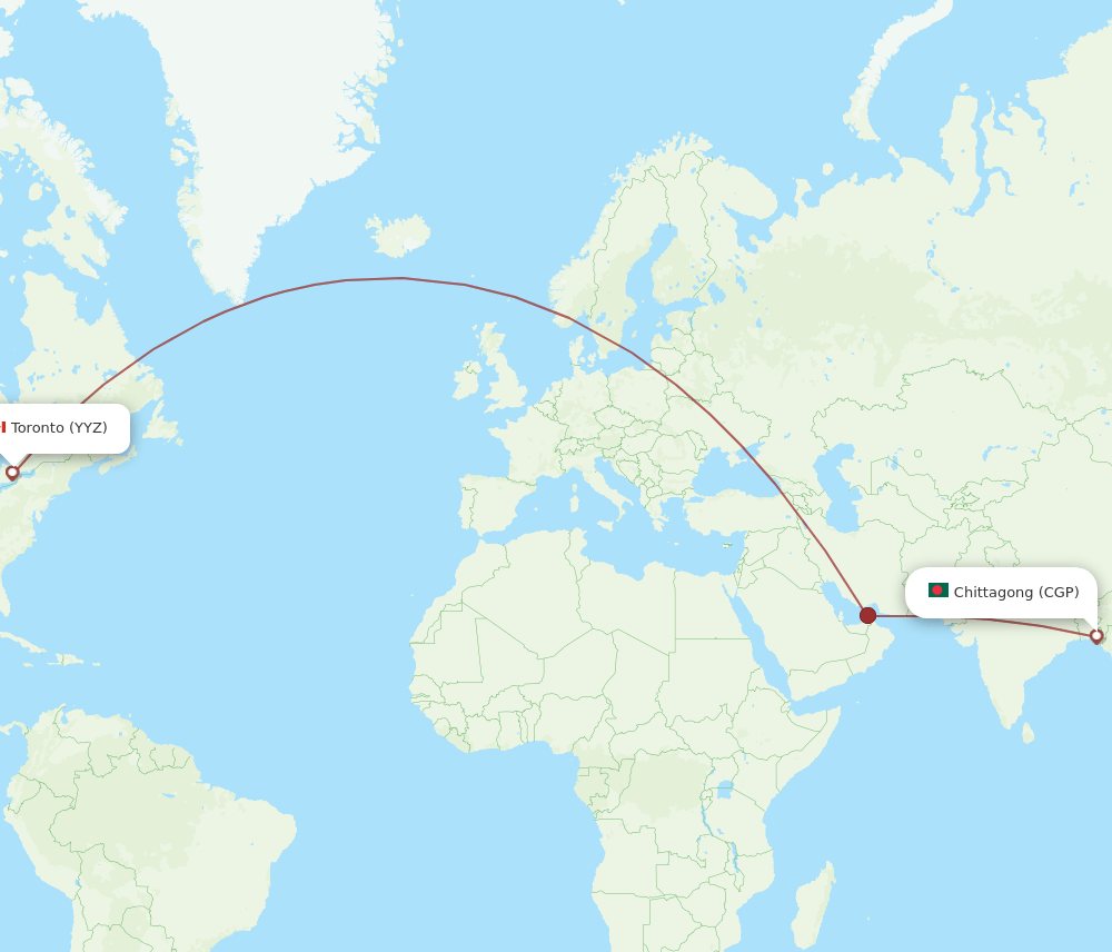 Toronto - Chittagong route map and flight paths