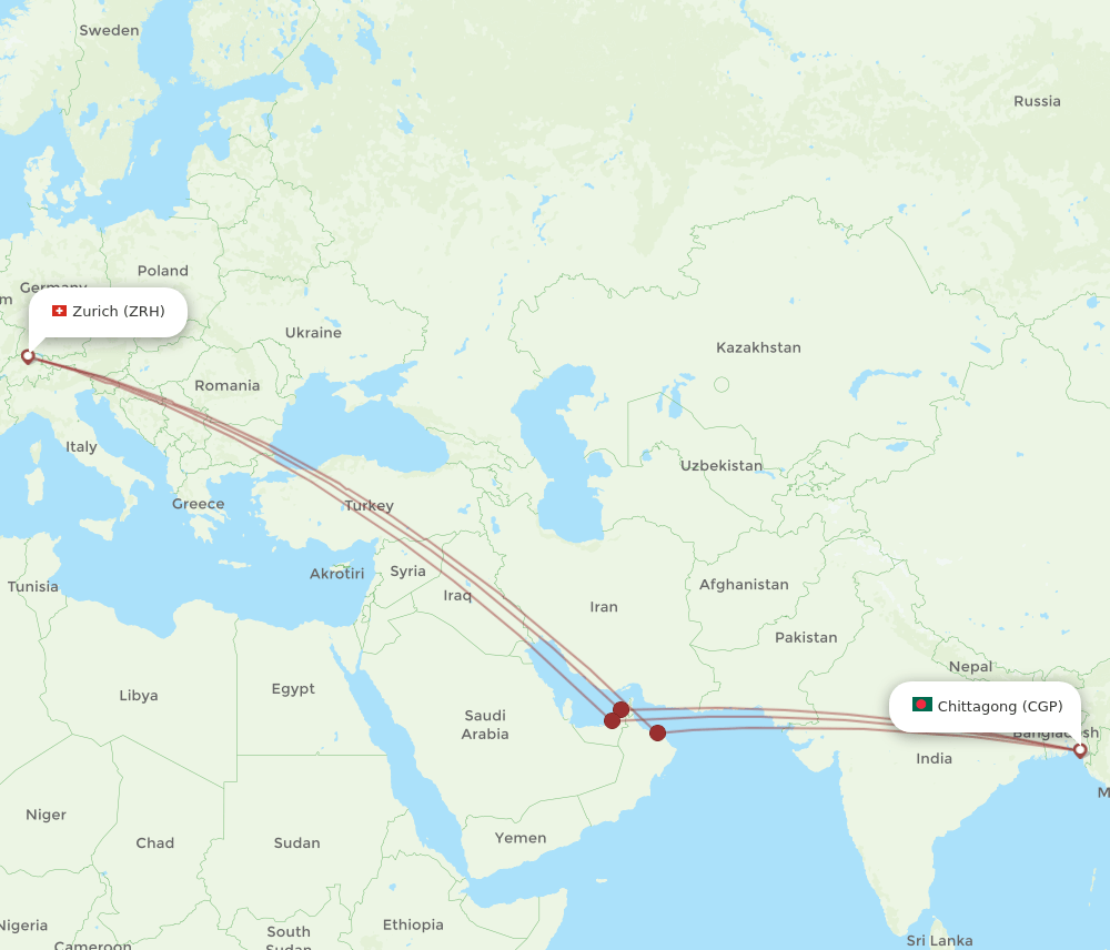 Zurich - Chittagong route map and flight paths