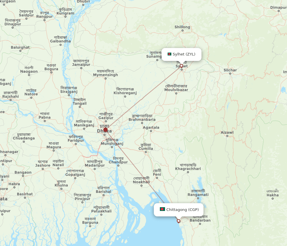 Sylhet - Chittagong route map and flight paths