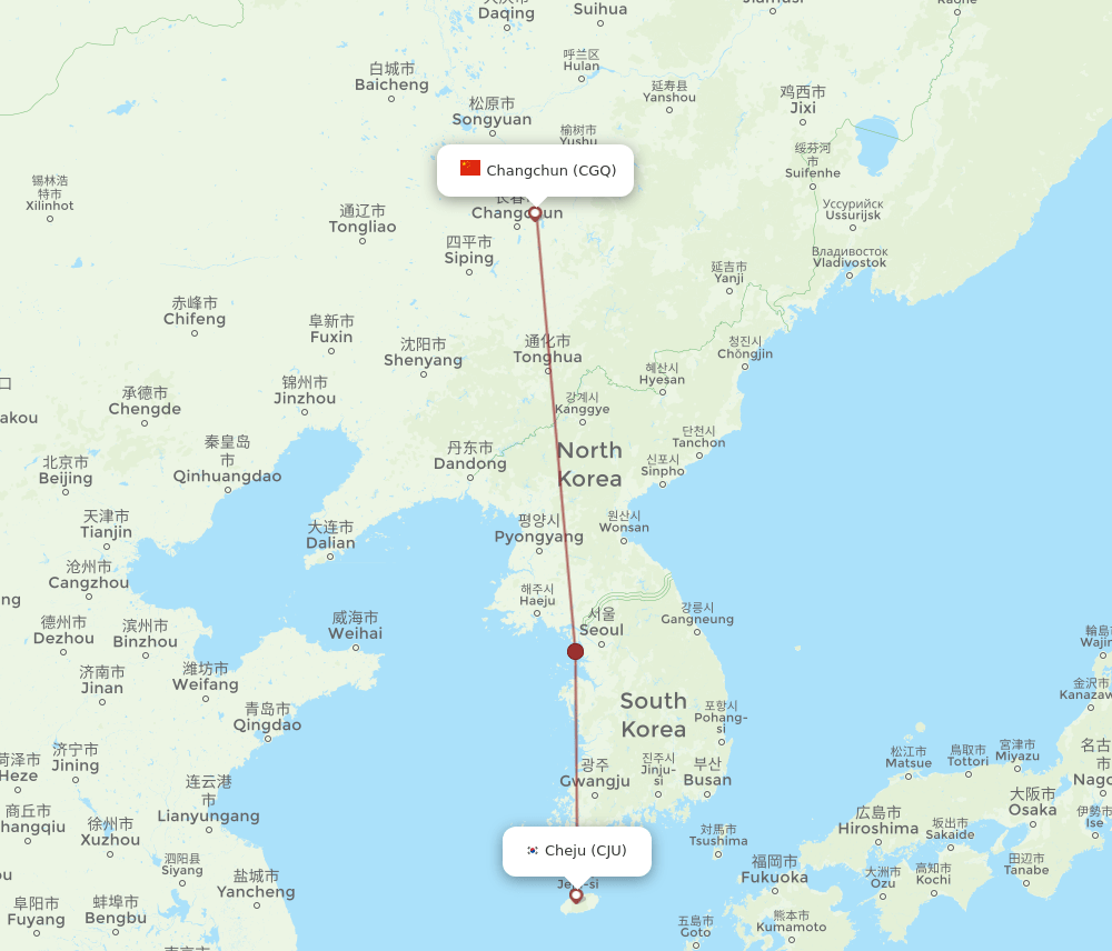 Jeju - Changchun route map and flight paths