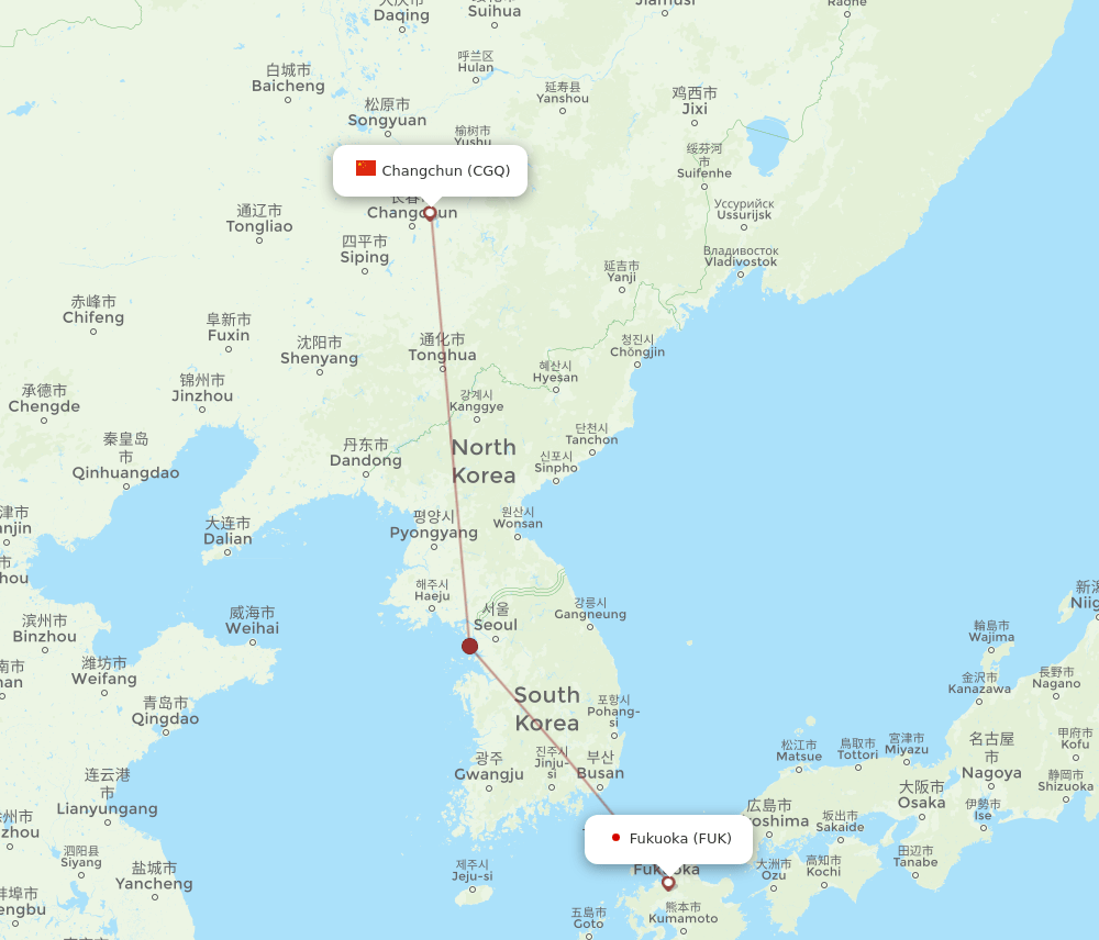 Fukuoka - Changchun route map and flight paths