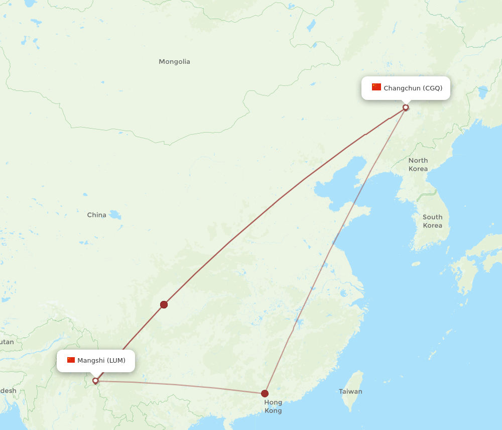 Mangshi - Changchun route map and flight paths
