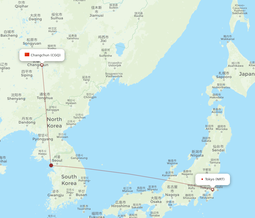 Tokyo - Changchun route map and flight paths
