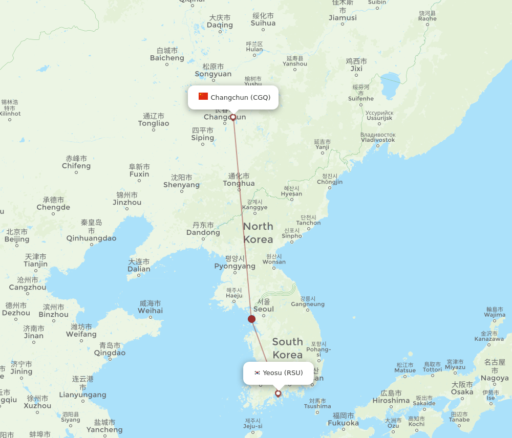Yeosu - Changchun route map and flight paths