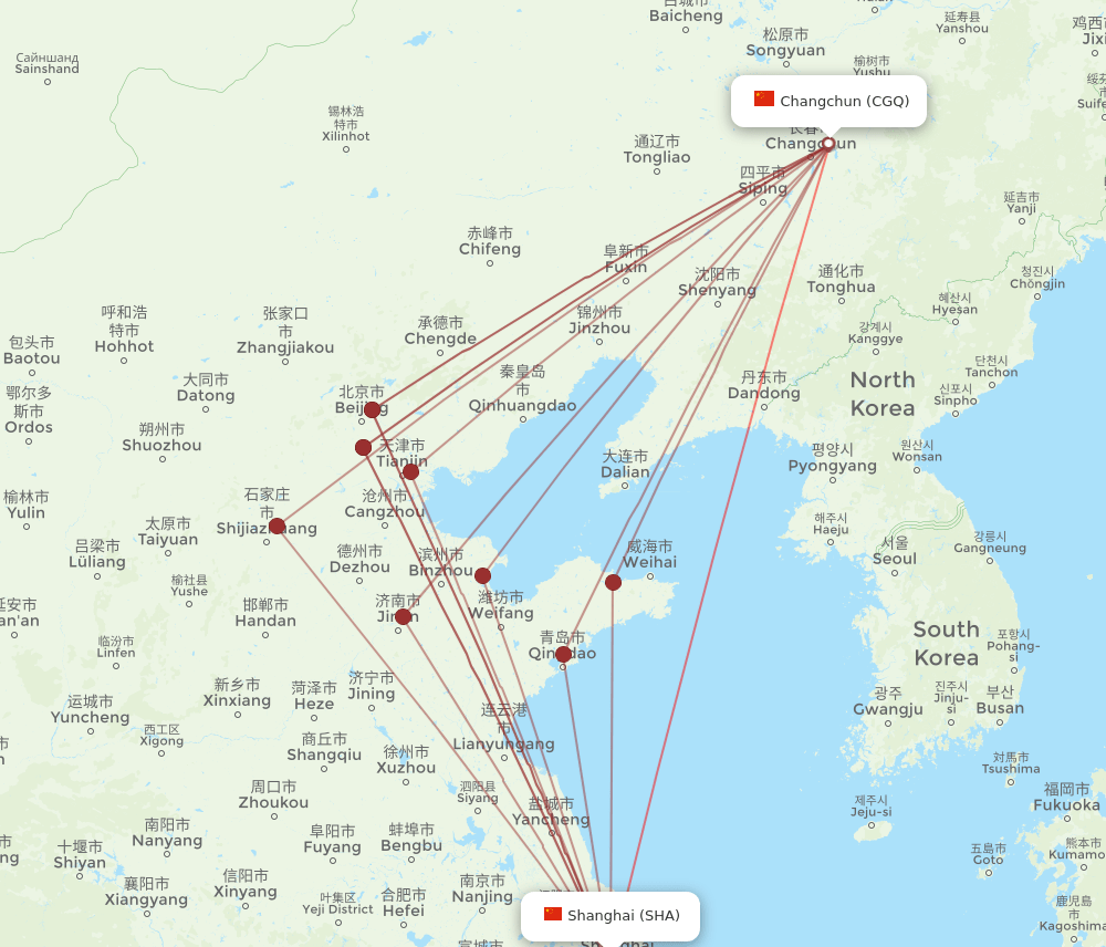 CGQ to SHA flights and routes map
