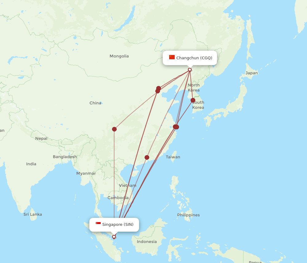 CGQ-SIN flight routes