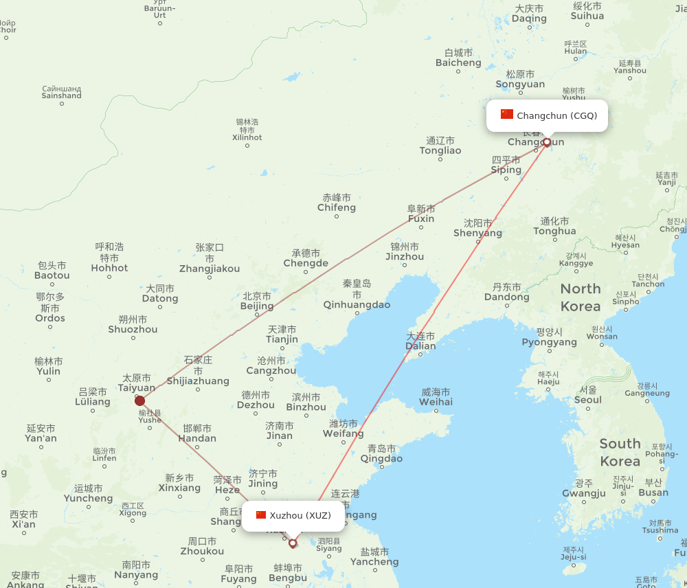 XUZ to CGQ flights and routes map