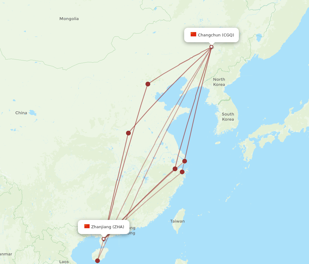 ZHA to CGQ flights and routes map