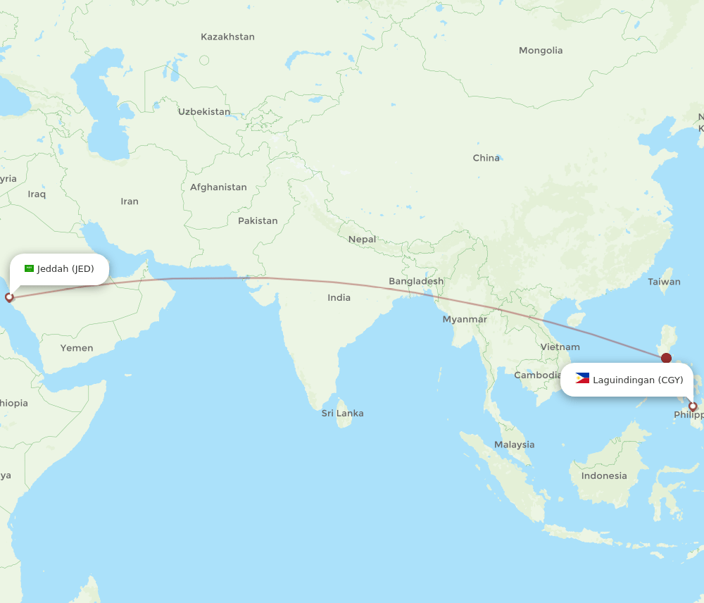 Jeddah - Cagayan De Oro route map and flight paths