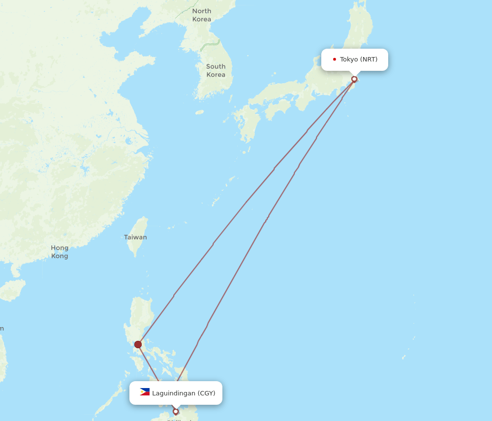 CGY to NRT flights and routes map