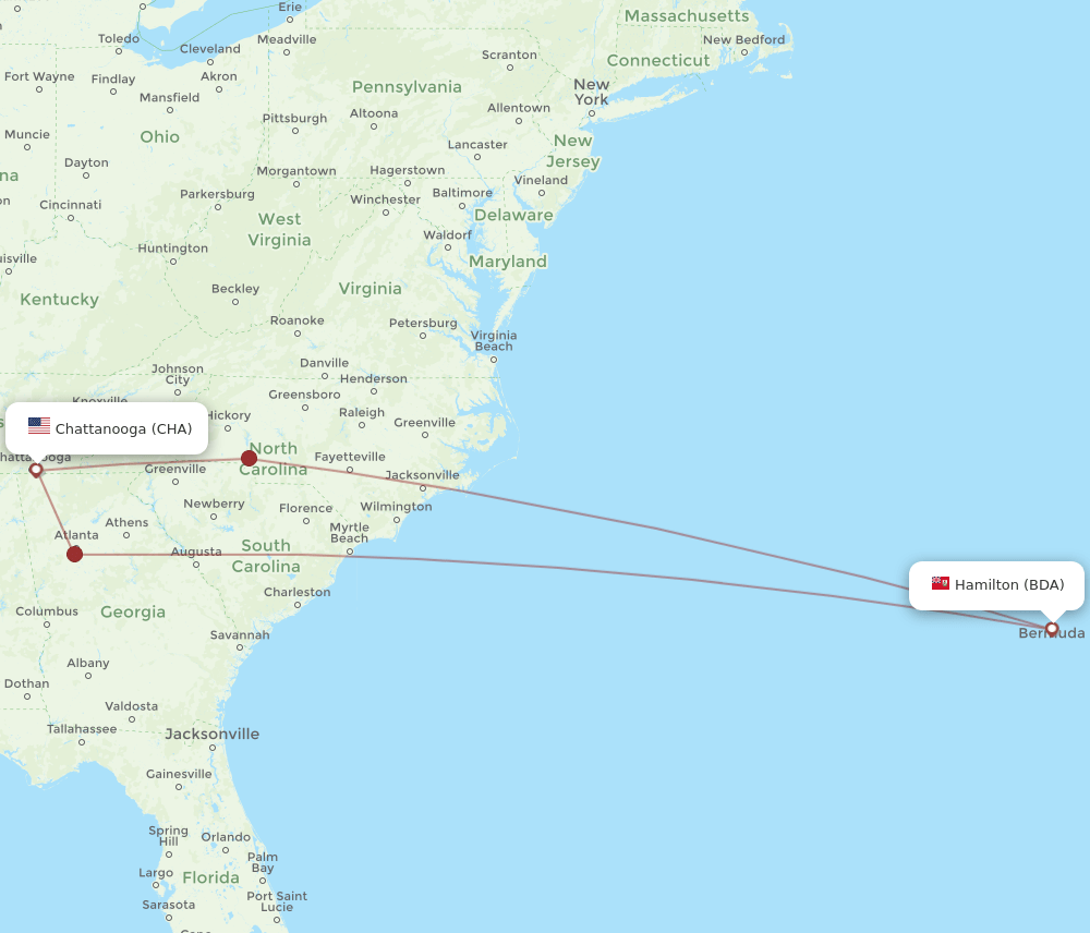 CHA to BDA flights and routes map