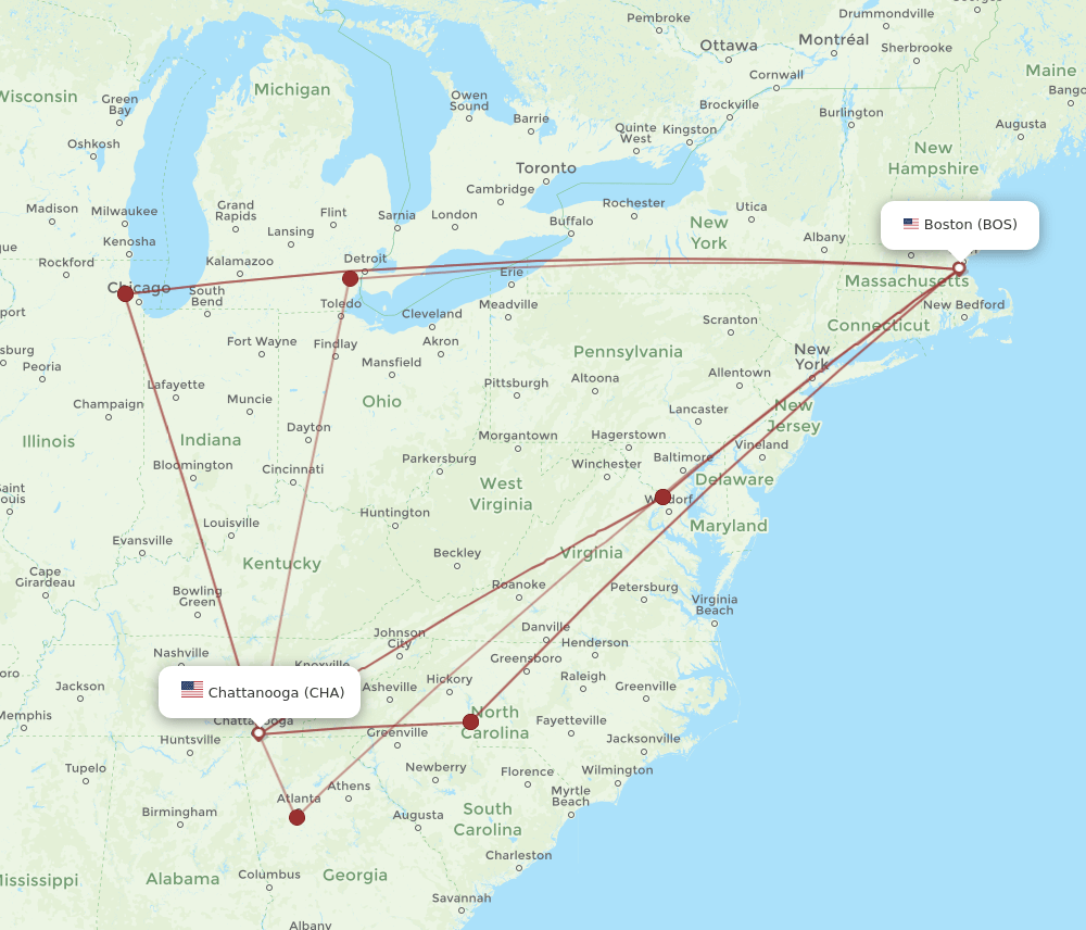 CHA-BOS flight routes