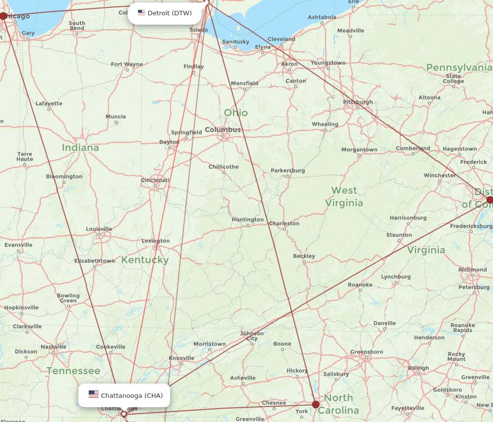 CHA-DTW flight routes