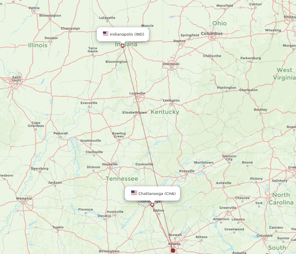 CHA to IND flights and routes map
