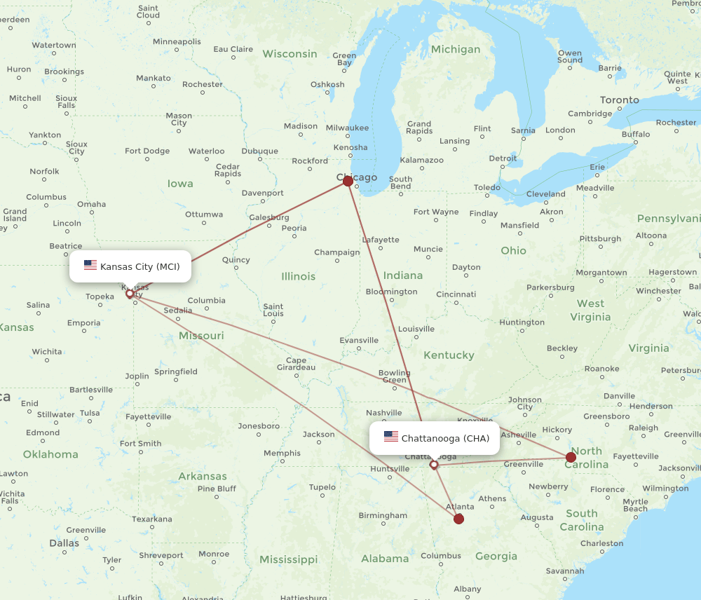 CHA-MCI flight routes