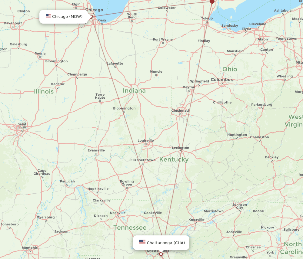 CHA to MDW flights and routes map
