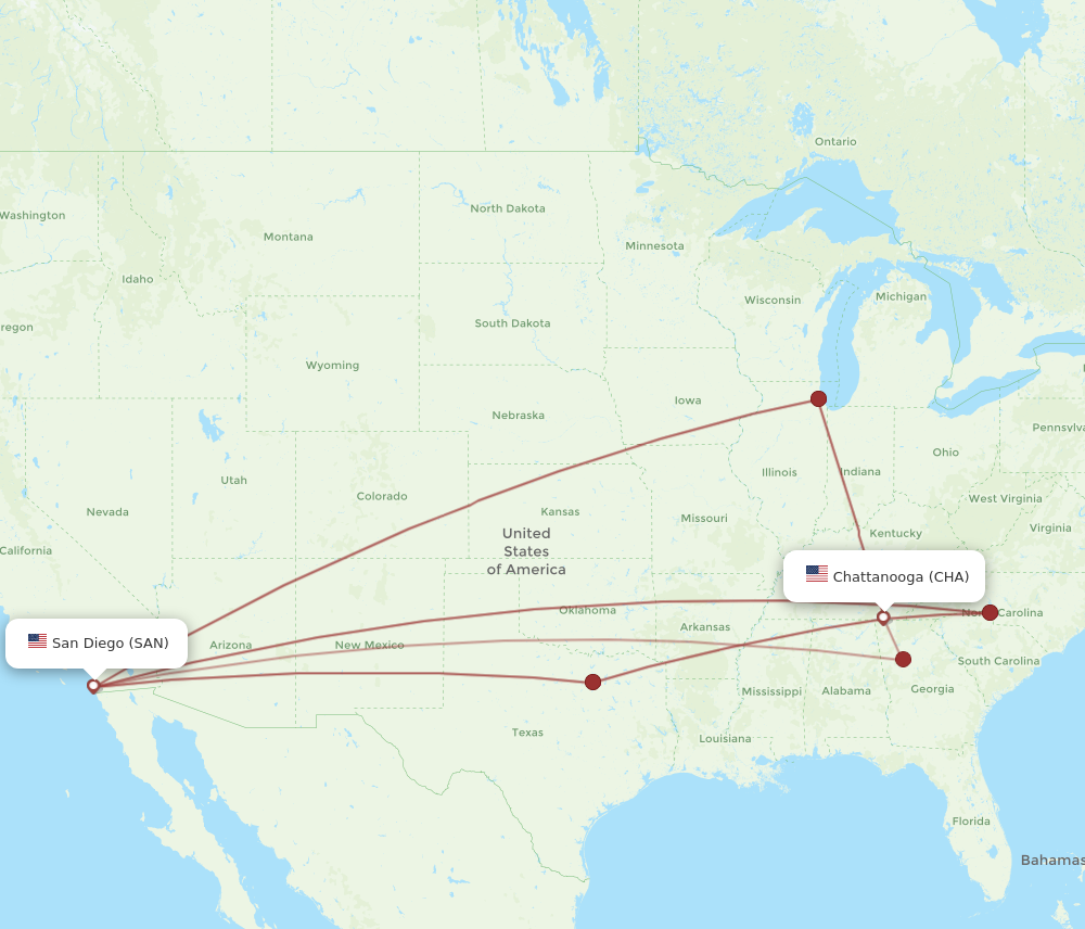 CHA to SAN flights and routes map