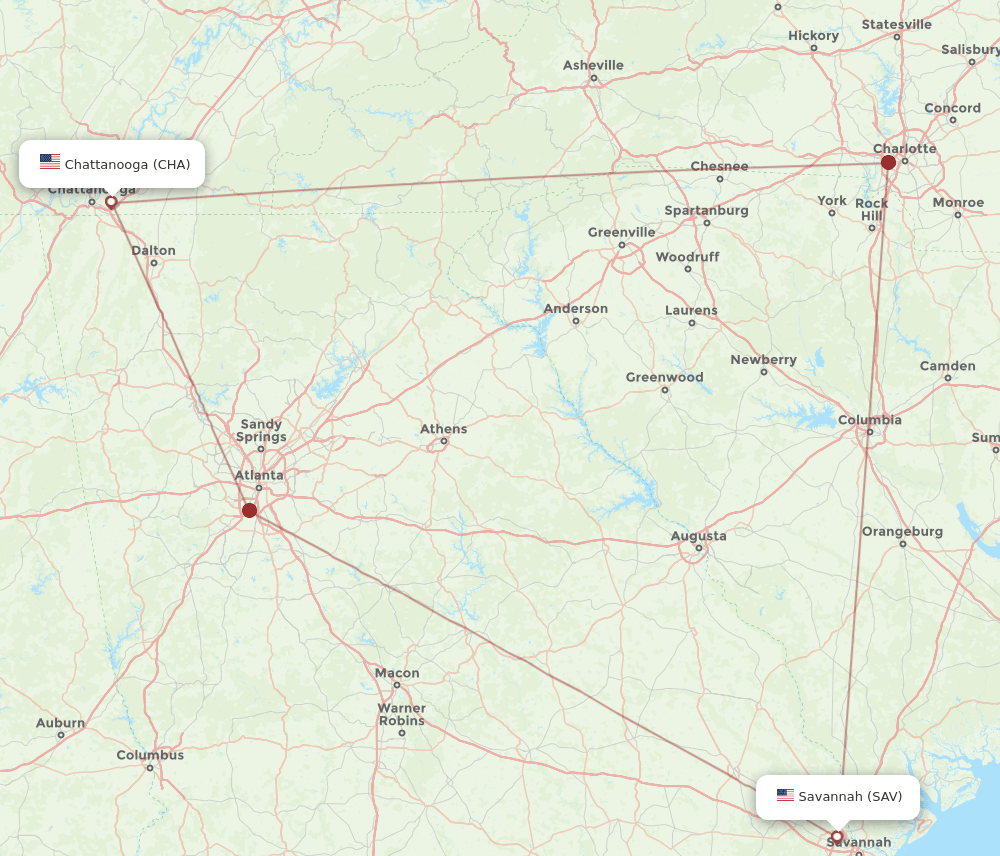 CHA to SAV flights and routes map