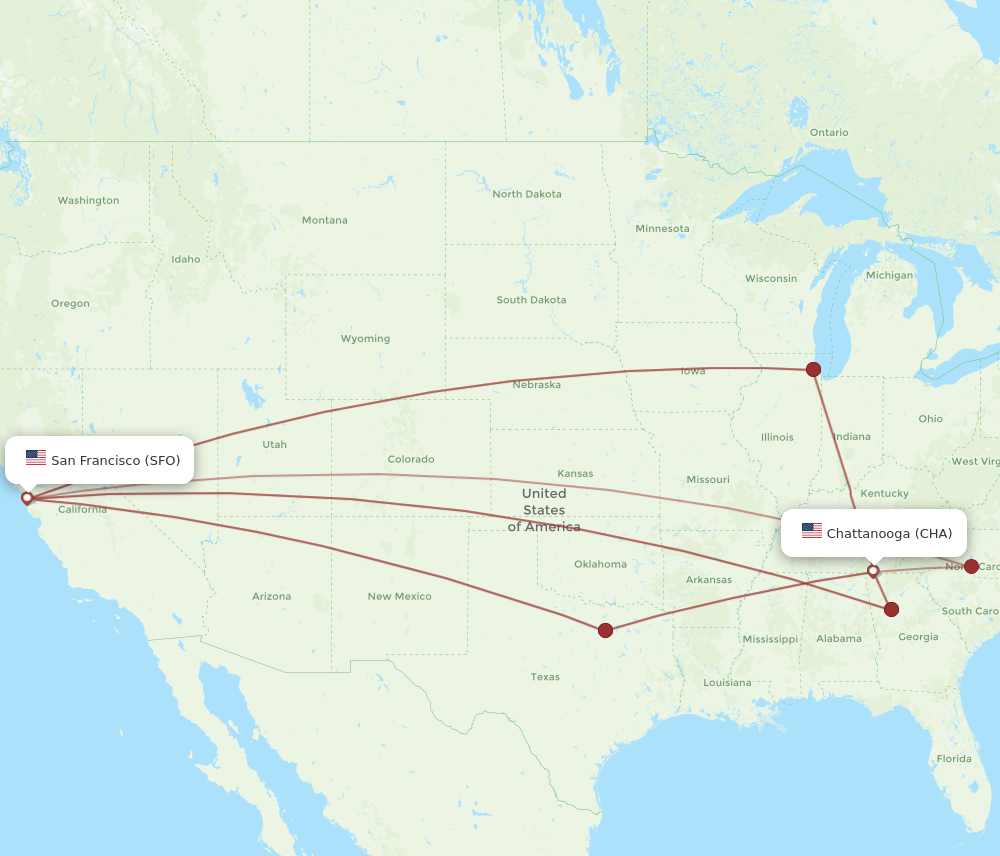 CHA to SFO flights and routes map